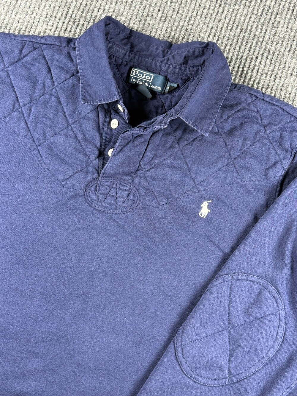 Vintage Polo Ralph Lauren Mens XXL Long Sleeve Polo Navy Quilted Shoulders Rugby